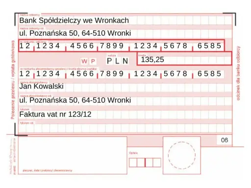 Polecenie zapłaty dla Jana Kowalskiego na kwotę 135,25 PLN do Banku Spółdzielczego we Wronkach, tytułem faktury VAT nr 123/12.