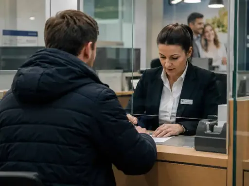 Mężczyzna w czarnej kurtce podpisuje dokumenty przy okienku bankowym. Pracownica banku pomaga mu w wypłacie spadku.