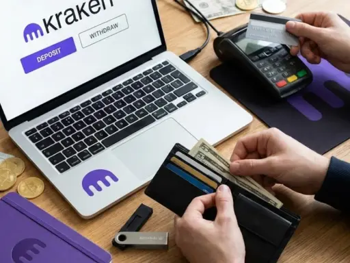 Jak wpłacić pieniądze na kartę? Na ekranie laptopa widoczny jest przycisk "Deposit" na platformie Kraken. Obok leżą pieniądze, karty i terminal płatniczy.