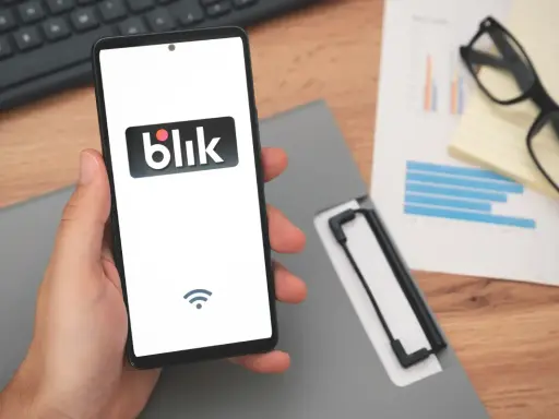 Dłoń trzyma smartfon z logo Blik. Widoczny symbol Wi-Fi sugeruje, że blik przelew na telefon nie doszedł.