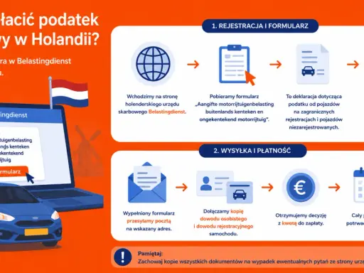 Jak zapłacić podatek drogowy w Holandii? Schemat pokazuje procedurę: rejestracja, pobranie formularza, wypełnienie, wysyłka i płatność.