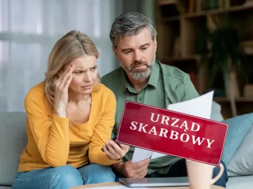 Para zmartwiona analizuje dokumenty, trzymając tabliczkę "Urząd Skarbowy". Rozważają wspólne rozliczenie bez ślubu.