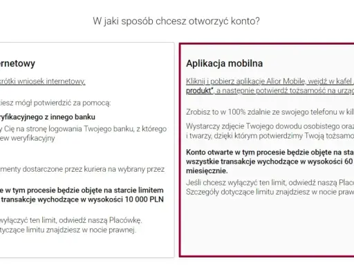 Limity przelewów Alior Bank: 10 000 PLN miesięcznie przy wniosku internetowym, 60 000 PLN przy aplikacji mobilnej.