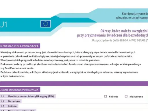 Formularz U1 - dokument dla bezrobotnych ubiegających się o świadczenia w innym kraju UE. Zawiera dane osobowe posiadacza.