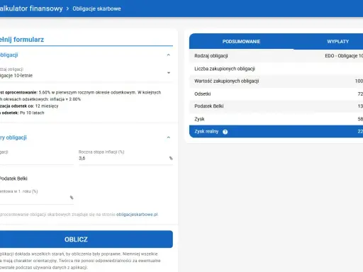 Kalkulator obligacji skarbowych: EDO 10-letnie, 10 sztuk, oprocentowanie 5,6%, inflacja 3,6%. Podsumowanie zysku po podatku Belki.