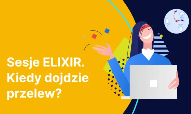 Uśmiechnięta kobieta z laptopem czeka na sesje ELIX. Kiedy dojdzie przelew? Zegar pokazuje, że czas płynie.