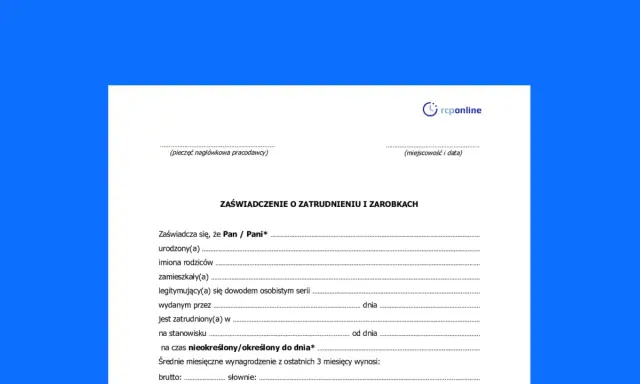 Formularz "Zaświadczenie o zatrudnieniu i zarobkach" z polami do wypełnienia, pomocny przy tym, jak wypełnić zaświadczenie o dochodach.