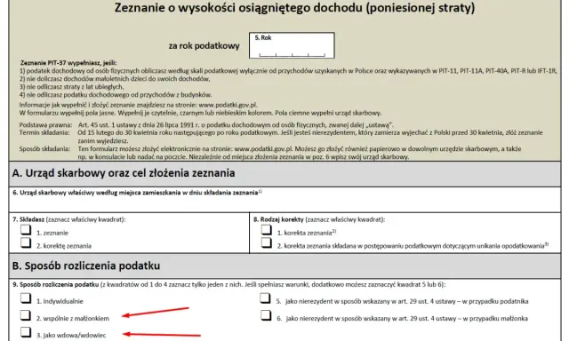 Zeznanie PIT-37. Zaznaczone opcje "wspólnie z małżonkiem" i "jako wdowa/wdowiec" sugerują, że dostałem dwa razy zwrot podatku.