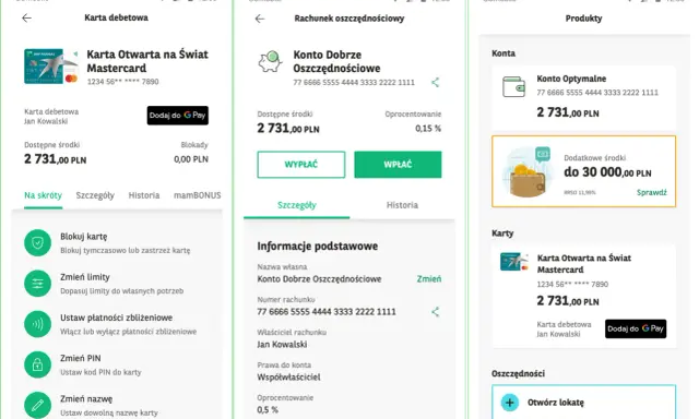 Aplikacja mobilna banku BNP Paribas z opcją blokady transakcji na karcie debetowej Mastercard Jana Kowalskiego.