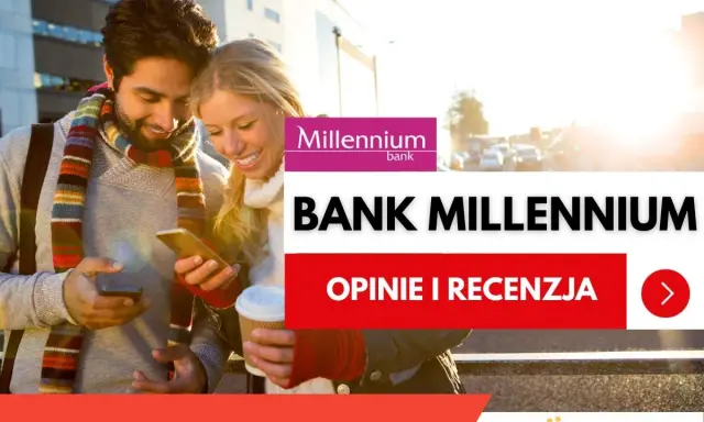 Para młoda sprawdza swój **iban** na telefonie, korzystając z aplikacji **Banku Millennium**.