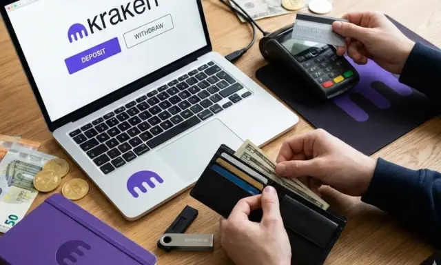 Jak wpłacić pieniądze na kartę? Na ekranie laptopa widoczny jest przycisk "Deposit" na platformie Kraken. Obok leżą pieniądze, karty i terminal płatniczy.