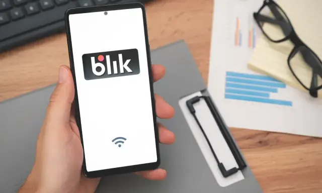 Dłoń trzyma smartfon z logo Blik. Widoczny symbol Wi-Fi sugeruje, że blik przelew na telefon nie doszedł.