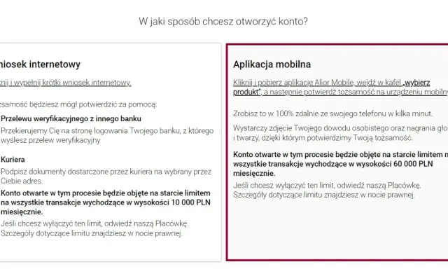 Limity przelewów Alior Bank: 10 000 PLN miesięcznie przy wniosku internetowym, 60 000 PLN przy aplikacji mobilnej.