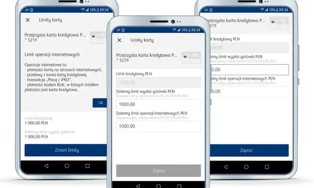 Jak zmienić limit dzienny w Pekao24? Widok aplikacji mobilnej z opcjami zarządzania limitami karty kredytowej.