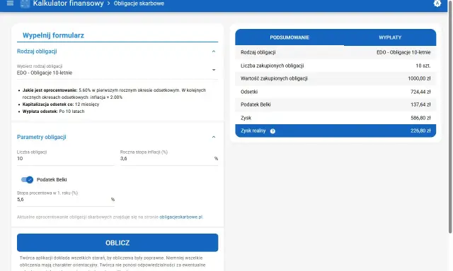 Kalkulator obligacji skarbowych: EDO 10-letnie, 10 sztuk, oprocentowanie 5,6%, inflacja 3,6%. Podsumowanie zysku po podatku Belki.