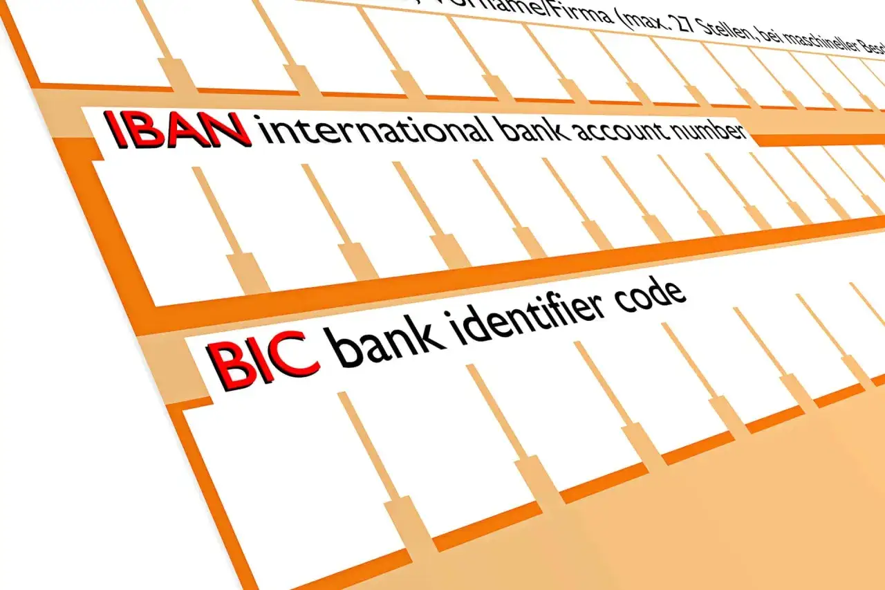 Pola na formularzu: IBAN (międzynarodowy numer rachunku bankowego) i BIC (kod identyfikatora banku).