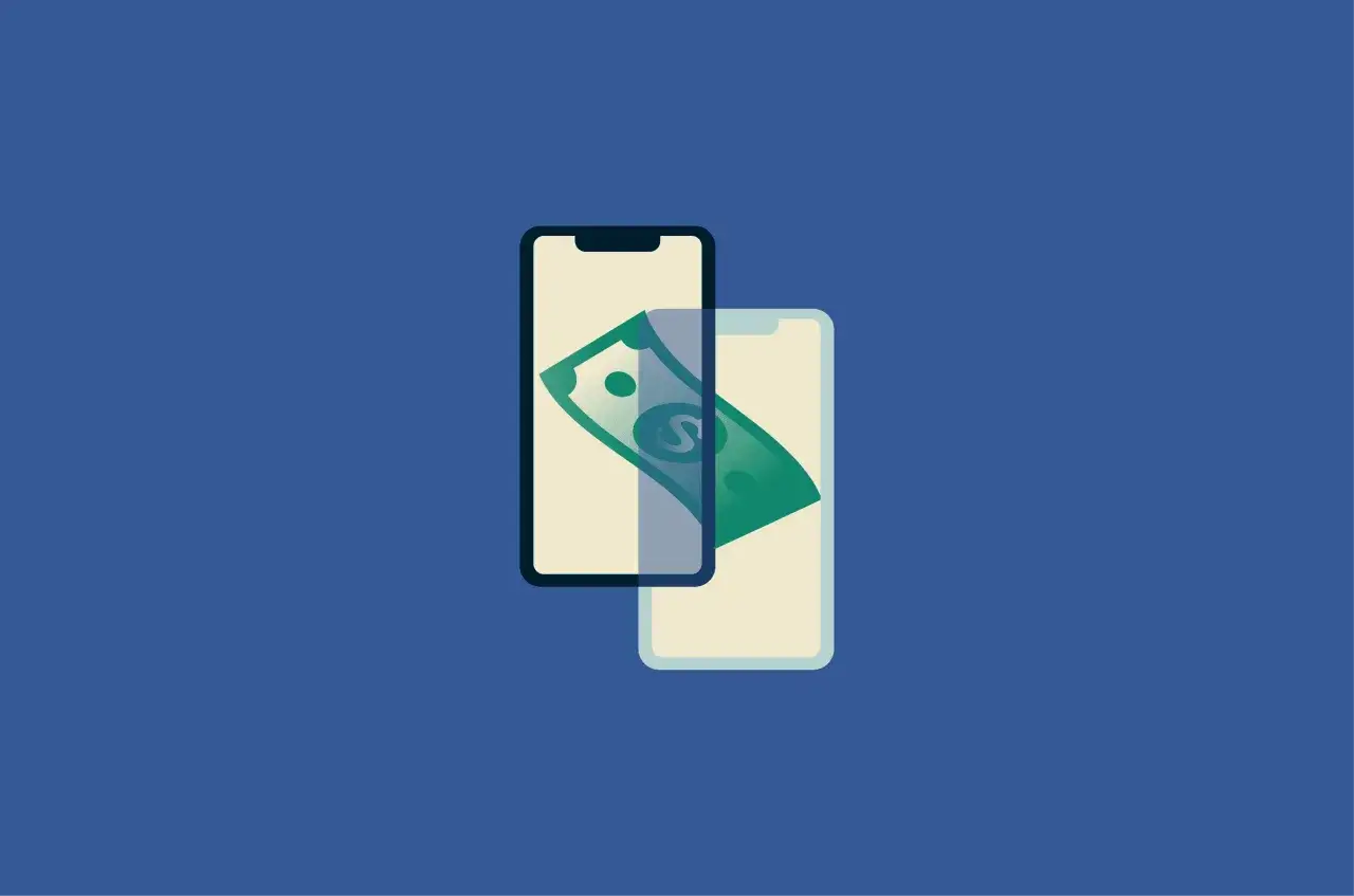 Dwa telefony kom&oacute;rkowe, jeden na drugim, z zielonym banknotem i symbolem dolara. Ilustracja pokazuje, jak placic paypalem.