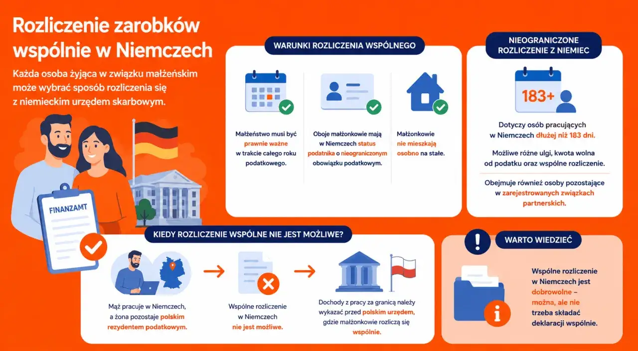 Rozliczenie zarobk&oacute;w wsp&oacute;lnie w Niemczech: małżeństwo, status podatnika i miejsce zamieszkania to kluczowe warunki. Dowiedz się, kiedy wsp&oacute;lne rozliczenie jest możliwe i jakie korzyści daje.