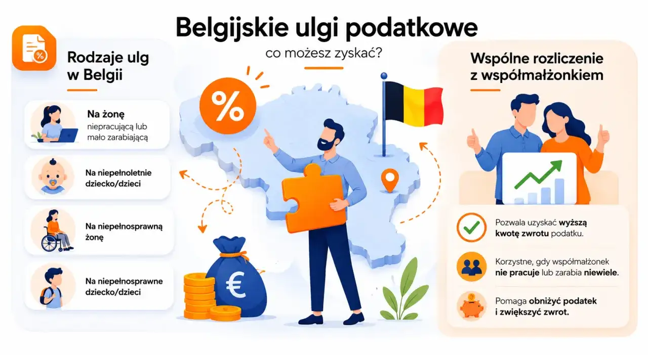 Belgijskie ulgi podatkowe: rodzaje ulg, wsp&oacute;lne rozliczenie z małżonkiem, pomoc dla niepracujących i dzieci.