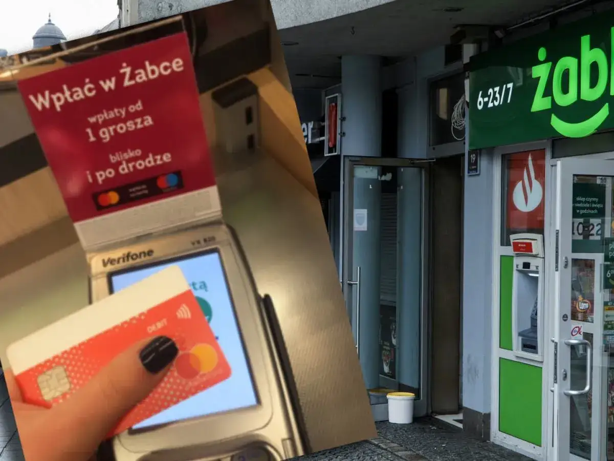Wpłaty w Żabce od 1 grosza. Karta zbliżeniowa przy terminalu płatniczym przed sklepem.