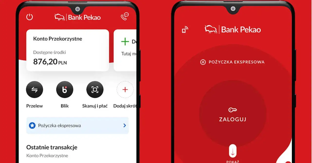Aplikacja Banku Pekao pokazuje saldo konta i opcje przelewu. Można tu sprawdzić limit przelewu na telefon.