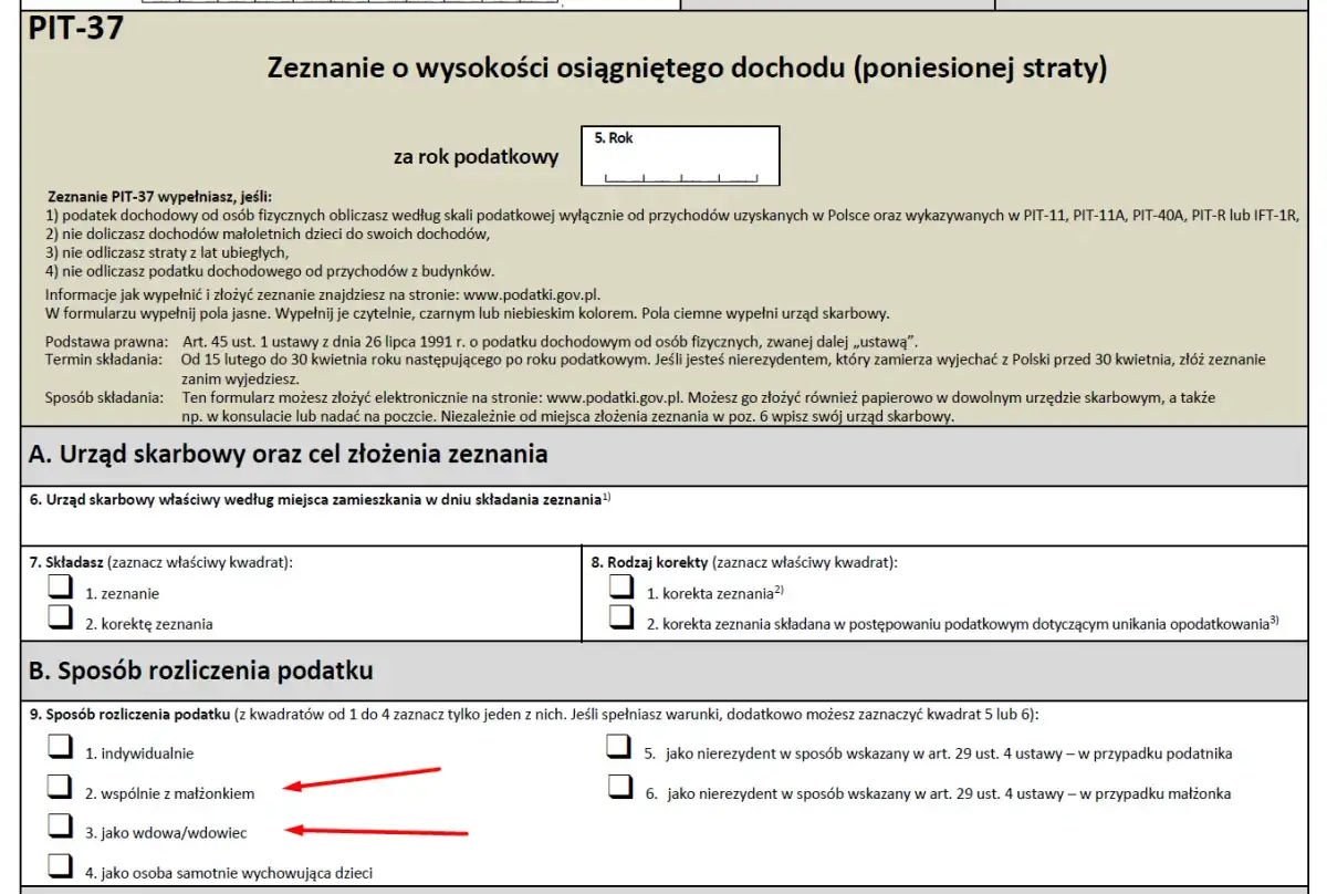 Formularz PIT-37, sekcja B. Sposób rozliczenia podatku. Zaznaczono opcję 
