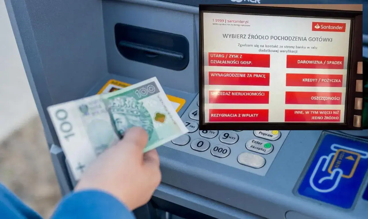 Ręka z banknotem 100 zł przy wpłatomacie Santander. Na ekranie wybór źródła gotówki: wynagrodzenie, sprzedaż nieruchomości, oszczędności.