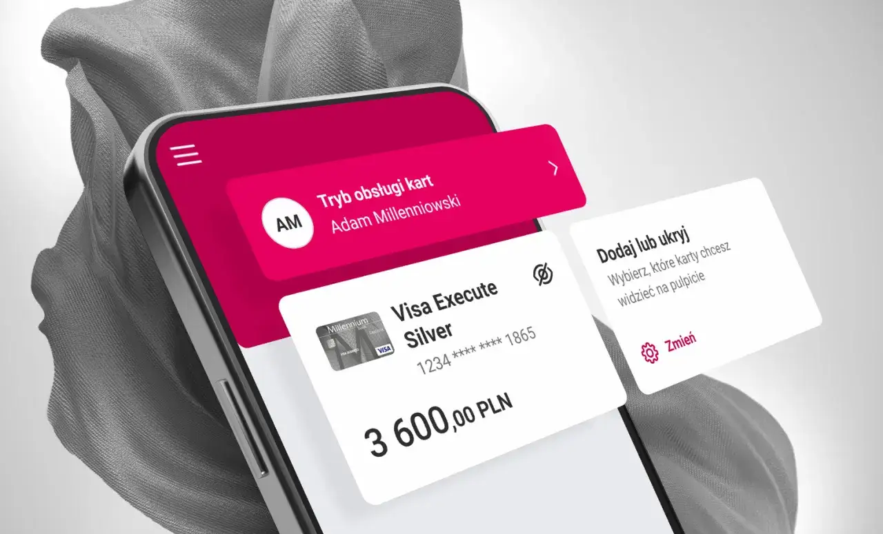 Telefon z aplikacją bankową Millennium. Widoczna karta Visa Execute Silver i kwota 3600 PLN. Ułatwia to millennium przelewy.