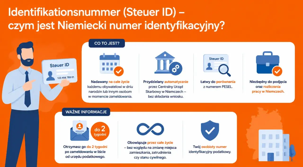 Niemiecki numer identyfikacyjny Steuer ID to Tw&oacute;j osobisty numer podatkowy, niezbędny do pracy w Niemczech. Otrzymasz go po zameldowaniu.