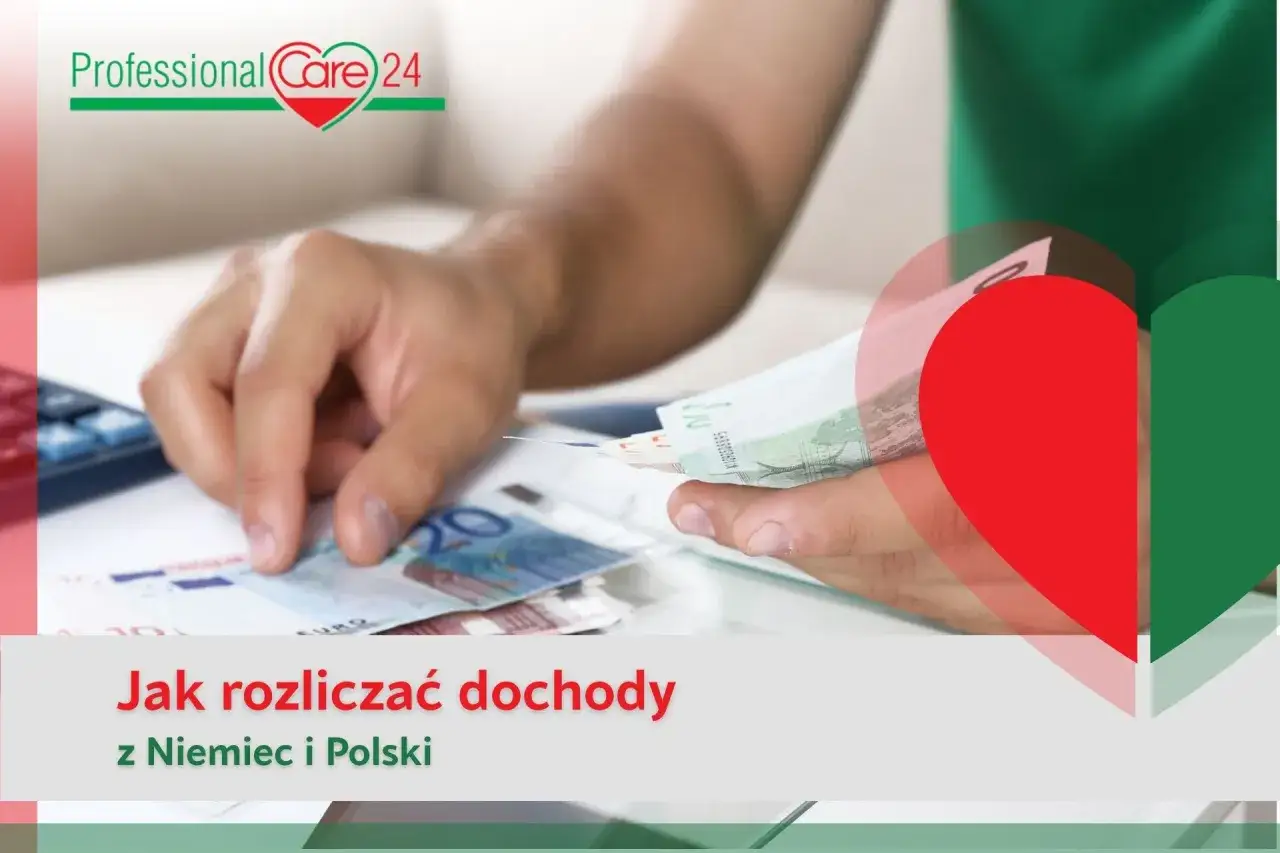 Ręce liczące euro i banknoty. Podpis: Jak rozliczyć PIT z Niemiec i Polski.