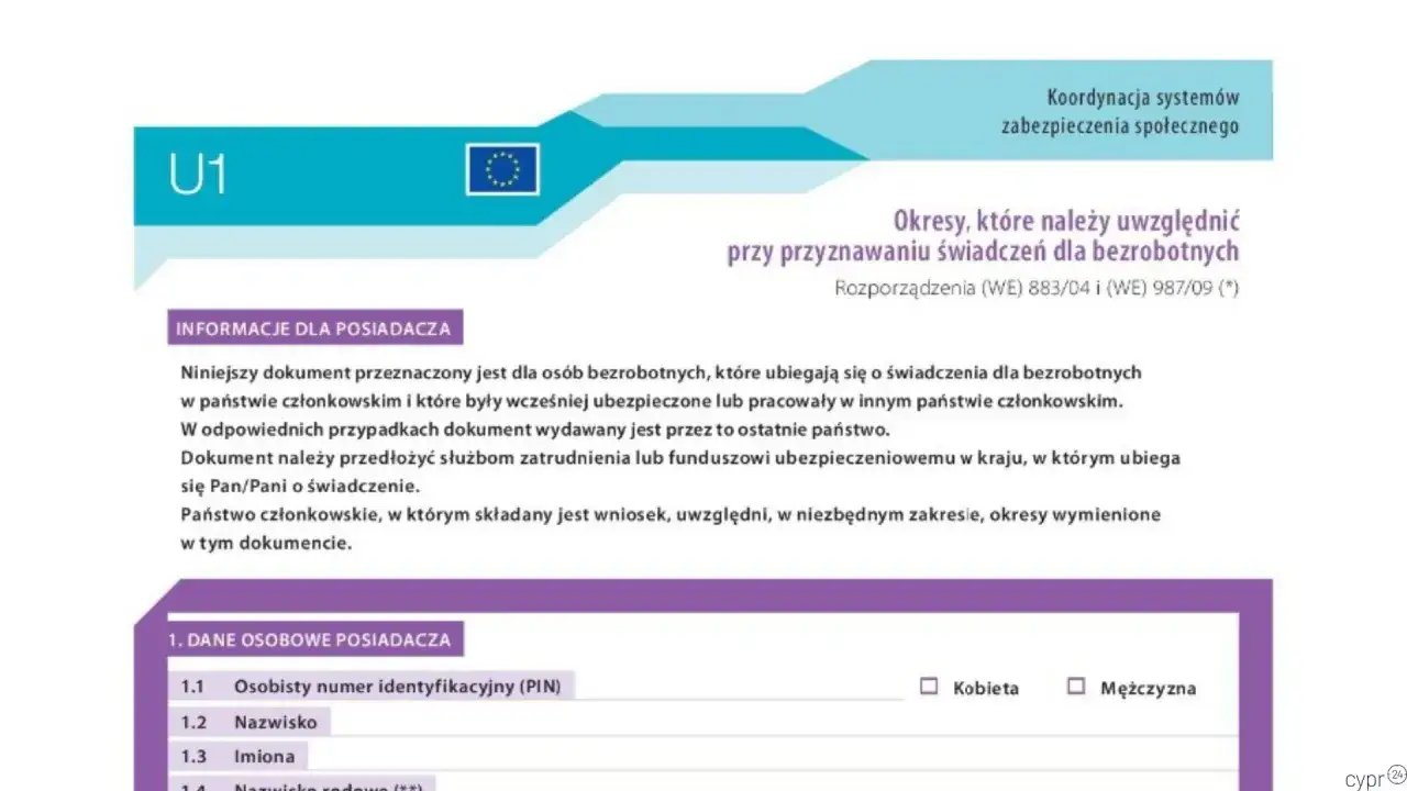 Formularz U1, wzór dokumentu dla bezrobotnych ubiegających się o świadczenia w innym kraju UE. Zawiera dane osobowe posiadacza.