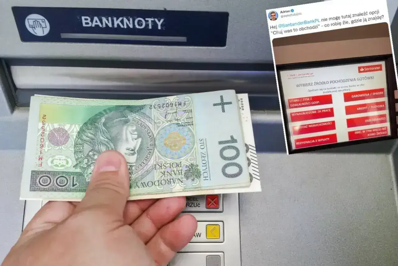 Ręka z banknotem 100 zł zbliża się do wpłatomatu, pokazując, jak działa wpłatomat i wybór źródła gotówki.