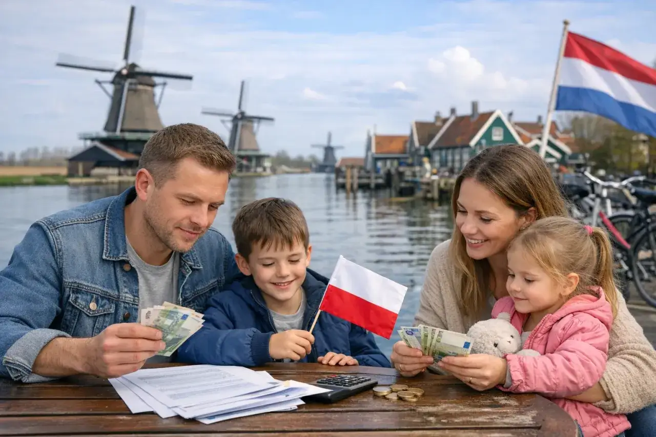 Rodzinne w Holandii: rodzice z dziećmi liczą pieniądze przy wiatrakach, z polską flagą.