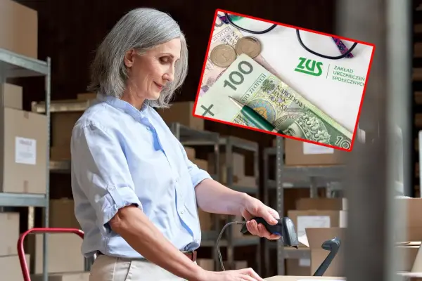 Kobieta w magazynie skanuje paczkę, a obok widnieje symbol ZUS z pieniędzmi, sugerujący emeryturę stażową.