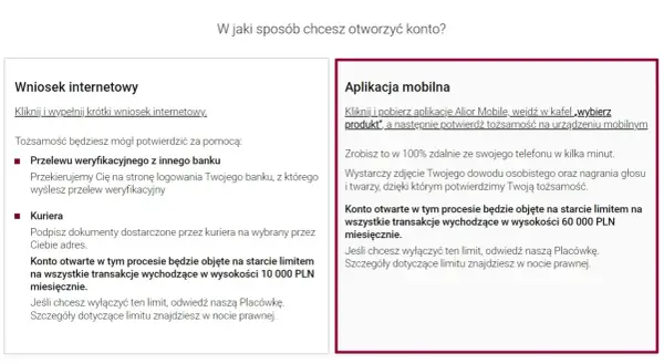 Limity przelewów Alior Bank: 10 000 PLN miesięcznie przy wniosku internetowym, 60 000 PLN przy aplikacji mobilnej.